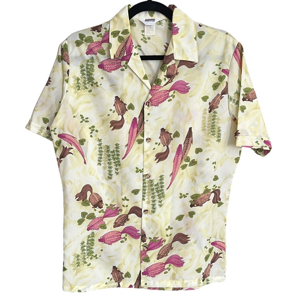 Vintage Other - Vintage 70s Montgomery Ward Novelty Print Yellow Funky Shirt Fuschia Fish Medium